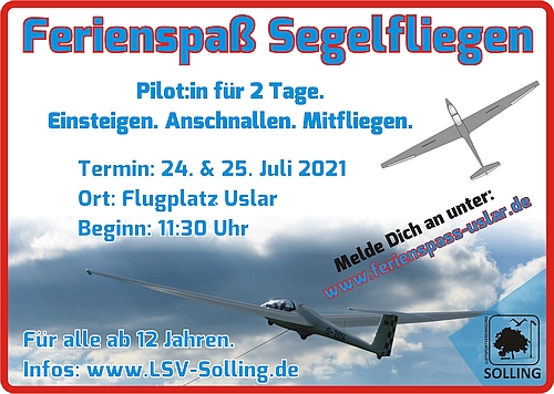 Ferienspass Sommerferien 2021. Flugplatz Uslar (EDVD).